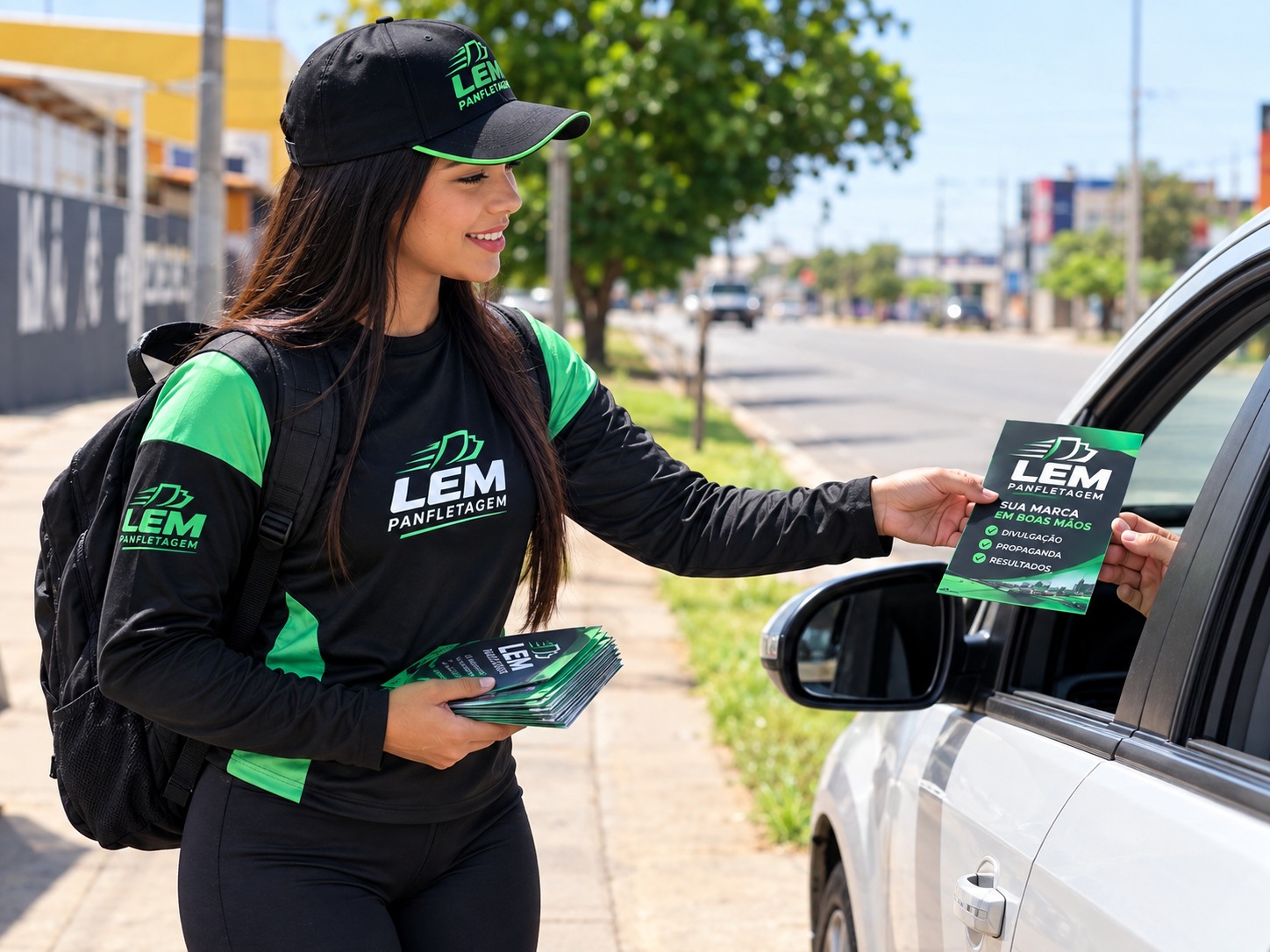 Entrega de panfleto para pessoa em automóvel