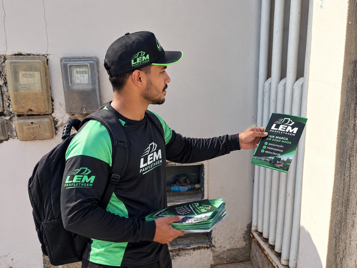 Profissional da Lem Panfletagem realizando distribuição residencial